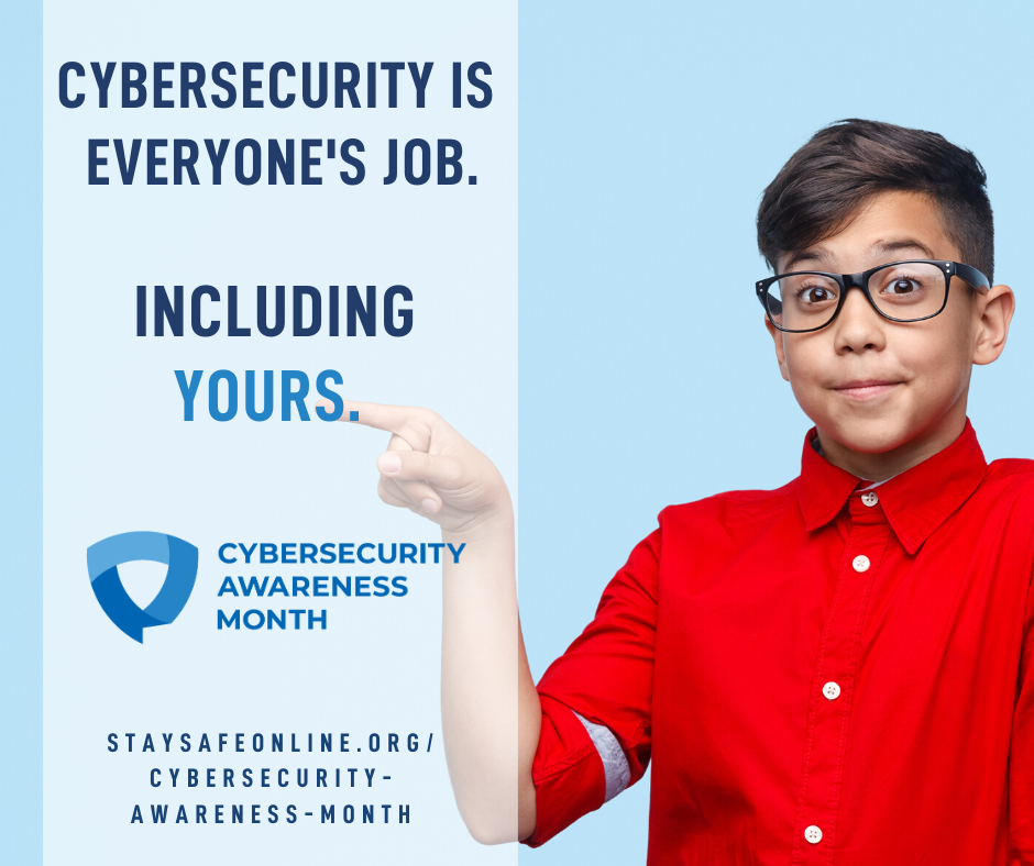Boy pointing to message, Cybersecurity is Everyone's Job.